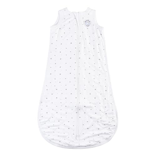 Dreamland Baby Lightweight Viscose Sleep Sack (0-6 months). 1.0 TOG Ultra Soft Blanket w/ 2-Way Zipper. 95% Viscose, 5% Spandex (White with Grey Stars). Mom-Owned US Business, Premium Materials