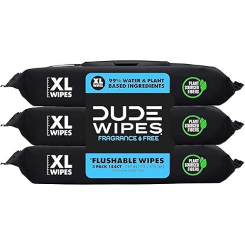 DUDE Wipes - Flushable Wipes - 3 Pack, 144 Wipes - Unscented Extra-Large Adult Wet Wipes - Vitamin-E & Aloe - Septic and Sewer Safe