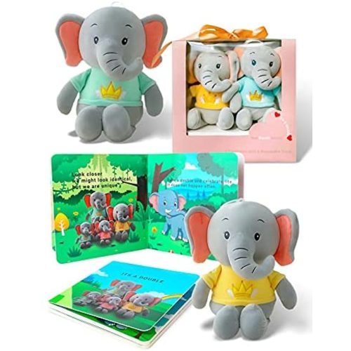 Push Panda- TWINS GIFT SET - Essential Baby and Toddler Twin Gift Set Features a storybook and 2 plush elephants. Gender neutral Gift suitable for Boys & Girls, birthday, baby shower & Christmas gifts