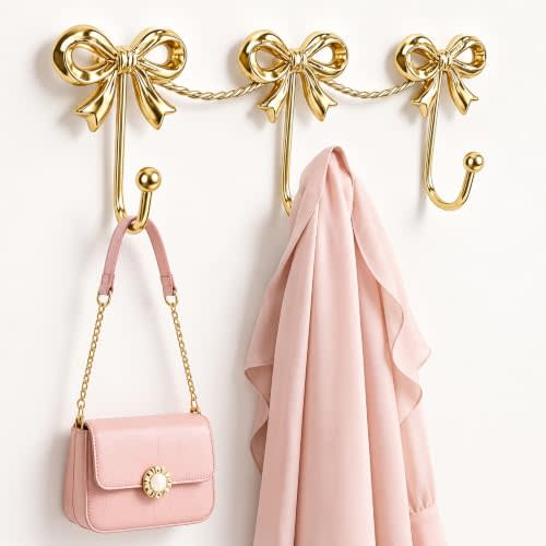 Gold Bow Wall Hooks, 3-Link Metal Hanger for Girls Room and Nursery | 13.58x4.33 inches Rounded bow blends storage with decor, giving teens, girls a charming way to organize daily essentials