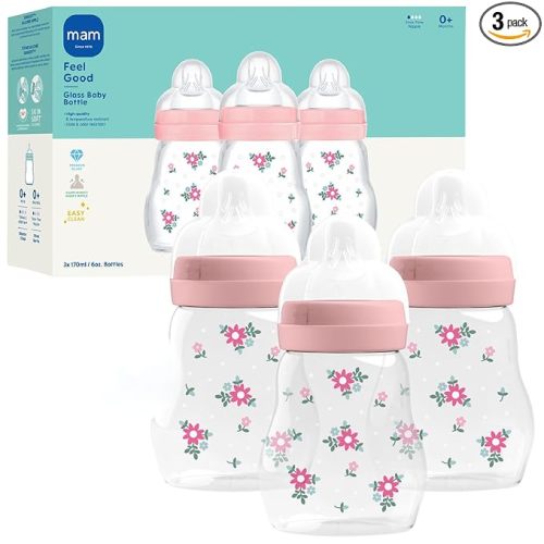 MAM Premium Glass Baby Bottles, Easy Switch Between Breast and Bottle, Feel Good Slow Flow, Newborn Essentials Must Have, 0+ Months, BPA Free, 6oz, Girl, 3 Pack