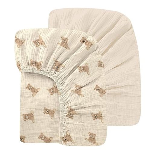 100% Organic Cotton 2 Pack 52x28 Inches Muslin Crib Sheets Fitted Crib Mattress Sheet for Baby Girls & Boys, Soft Boho Neutral Toddler Bed Sheets Fits Well Standard Size Crib Mattress 28x52 Inches