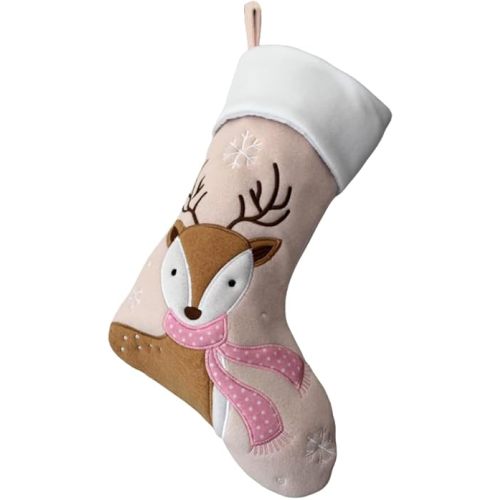 Embroidered Christmas Squirrel Reindeer Stocking, 18 x 10 inches, White (Pink, Reindeer)