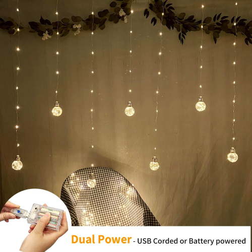 PYYAN-Wishing Ball Curtain Lights 200 LED Window Curtain String Lights with Remote, USB Battery Powered Twinkle Globe Fairy Lights for Wedding Party Bedroom Christmas Decoration (Warm White)