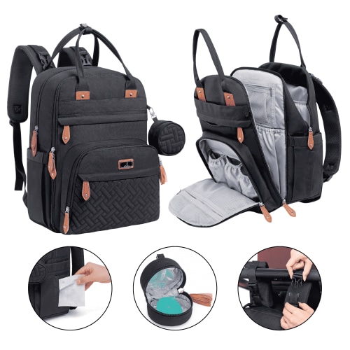 BabbleRoo Diaper Bag Backpack, Large 26L, Waterproof, Black, Changing Pad, Stroller Straps
