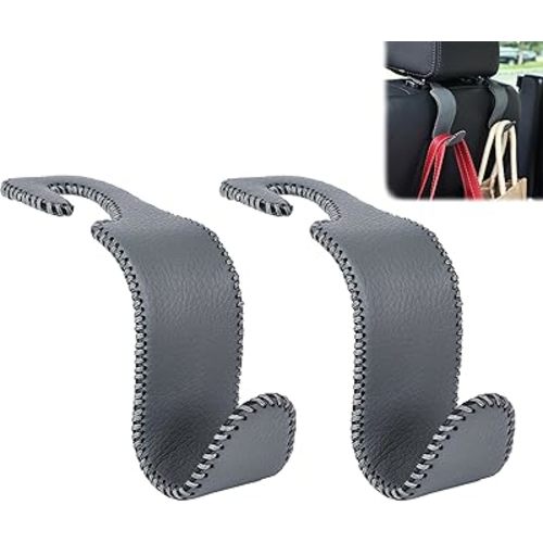 Amooca Car Seat Headrest Hook Universal Vehicle Storage Hanger Leather with Metal Car Seat Back Organizer for Handbag Purse Coat Grey 2 Pack