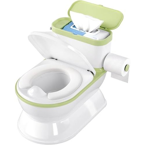 CheerTry 2-in-1 Toddler Potty Training Toilet - Larger Potty Chair & Detachable Training Seat for Boys & Girls Ages 1-3 with Flushing Sound, Wipes Storage, Toilet Paper Holder - Green