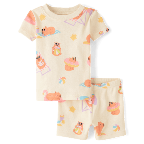 Baby And Toddler Girls Summer Capybara Snug Fit Cotton Pajamas - Cream