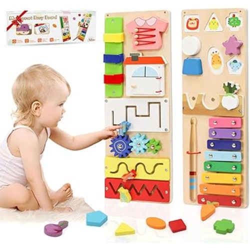 Montessori Busy Board for 1 Year Old, 2Pcs Wooden Sensory Toys for Toddlers 1-3, Preschool Learning Activities for Fine Motor Skills Travel Toy, Educational Gifts for 1 2 3 4 Years Old Baby Boys Girls