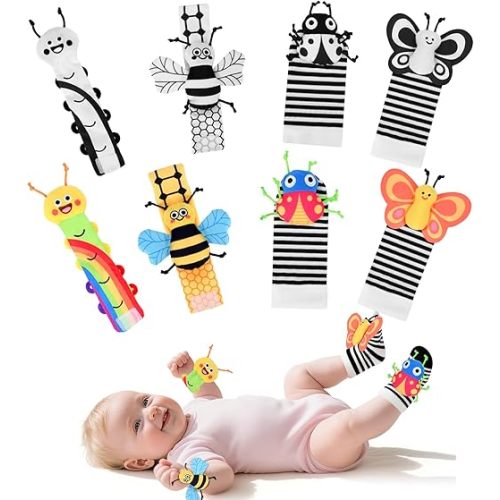 Baby Wrist Rattle & Foot Finder Set for 0-12 Months Newborn - Black-White & Colorful Bug Design Sensory Toys for Infant Brain Development - Perfect Baby Shower Gifts