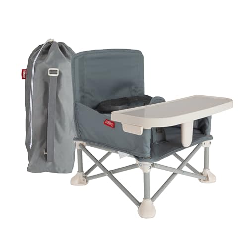 Nuby Pop-Up Booster Seat with Removable Tray - 6+ Months - Portable Booster Seat for Floor for Indoor/Outdoor Use - 3-Point Safety Adjustable Straps - Summer Travel Essentials - Gray