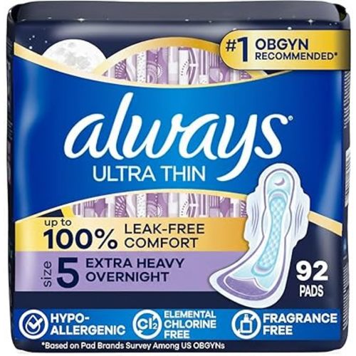 Always Ultra Thin Overnight Pads, Size 5, Extra Heavy Overnight, Unscented, 92 Count (2 Packs of 46)