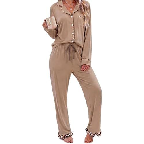 RONGTAI Women Summer Pjs Sets Long Sleeve Button Down Leopard Pajama Sets Ruffle Hem Loungeset Soft Sleepwear