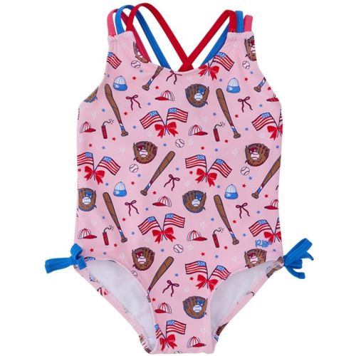 RuffleButts Girls UPF50+ Sun Protected Cross-Back One Piece - Pink Stars & Strikes, 6-12m