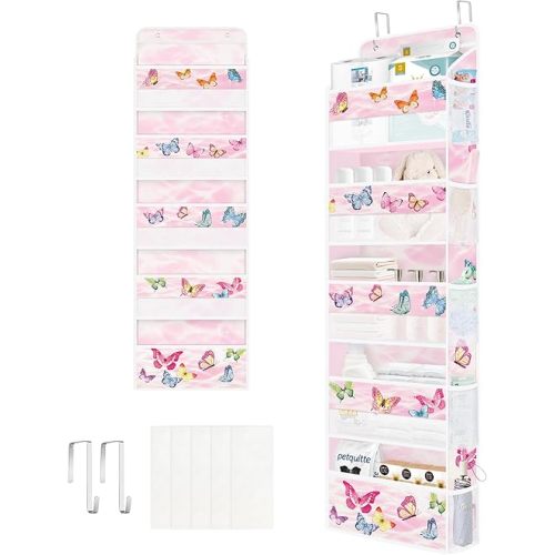 Clastyle Animals Over the Door Organizer Nursery Hanging Storage Organizer for Girls Clothes Diaper Toy Closet Door Hanging Shelf Storage for Bedroom Bathroom Pantry, Butterfly, 5-Tier