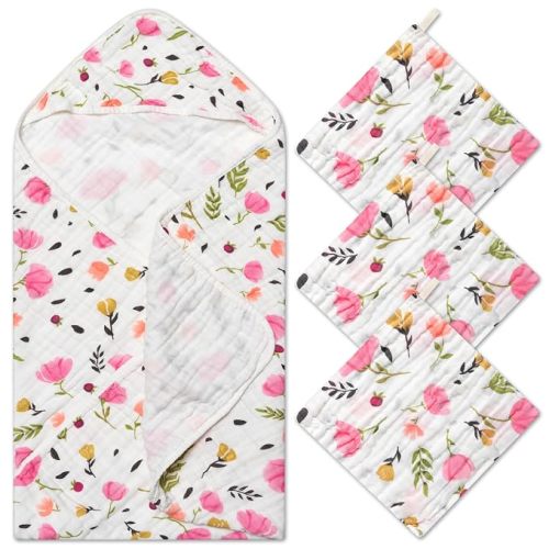 4Pcs Muslin Baby Hooded Towel & Washcloth Set Spring Pink Flowers Pattern Soft Absorbent Cotton Bath Hood Towels for Newborn Toddlers Essentials Boys Girls Infant Shower Gift 31.5 x 31.5 in