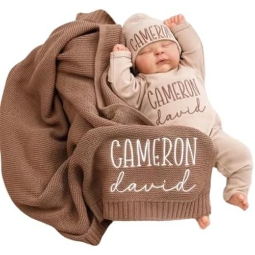 Personalized Baby Outfit Set with Cotton Knit Blanket,Custom Embroidered Name Matching Bodysuit and Hat,Newborn Gift Set