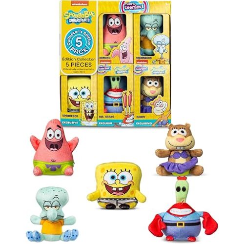 Micro Teenies - Spongebob Square Pants 5-Pack - Collectible Miniature Plush Figure, Suffed Animal, Toy Mini Soft Figure for Kids Ages 4+
