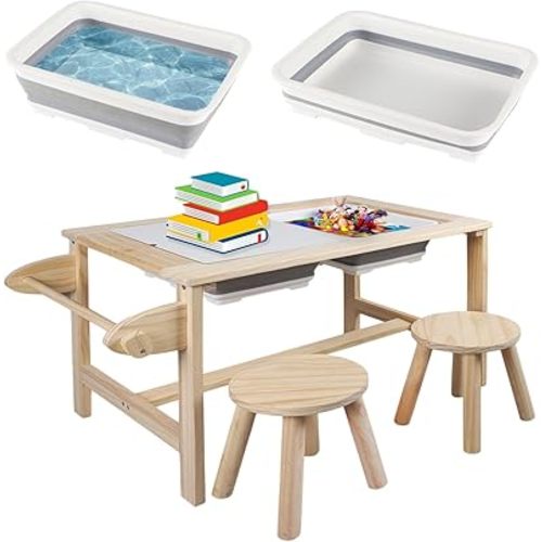 Kids Sensory Bins Table with 2 Stool, Multifunctional Children Interactive Activity Wooden Table Set for 1-3 Years, Drawing Table Play Sand & Water with Storage Bins Lid