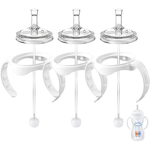 Straw Transition Sippy Cup Conversion Kit for Dr Brown Wide Mouth Baby Bottles, Soft Straw top and Weighted Sippy Cup Kit with Handles, Set of 3