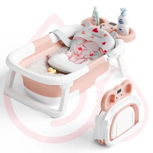 Aprpink Foldable Baby Bathtub Elephant PP+TPE with Soft Cushion&Thermometer for 0-36 Months Toddler Pink