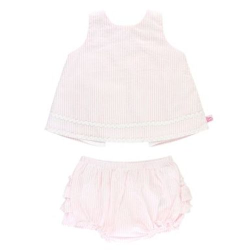 RuffleButts Infant Pink Seersucker Ric Rac Swing Top and Bloomer Set, Pink, 12-18 Months
