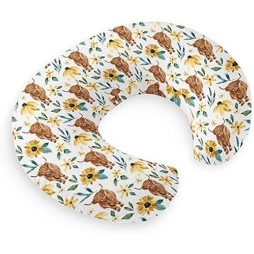 HawSkgFub Highland Cow Sunflower Nursing Pillow Cover for Baby Girl, Western Farm Animal Yak Floral Breastfeeding Pillow Slipcover, long horn cowgirls Nursing Pillowcase for Newborn Infant, Cover Only