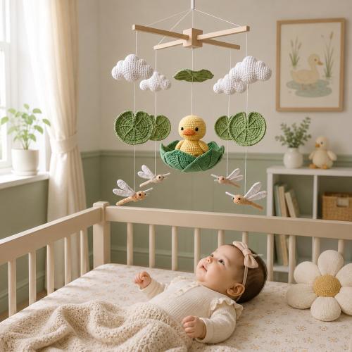 Duckling Baby Mobile, Crochet Baby Crib Mobile, Water Lily Nursery Decor, Dragonfly Mobile, Pond Theme Baby Shower Gift,Handmade Baby Mobile