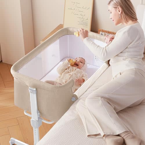 Larex Baby Bassinet, 3 in 1 Bassinets Bedside Sleeper for Newborn, Portable Crib Adjustable 7 Height Bedside Bassinet with Mattress and Wheels Khaki