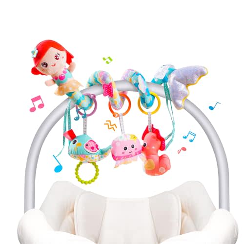 Koty Carseat Toys Hanging, Blue Mermaid Stroller Toys for Babies 0-6 Months, Baby Car Seat Toy with Crinkle, Teether, Music Box, Rattle, BB Squeaker for Babies Boys Girls Gifts (Blue Mermaid)