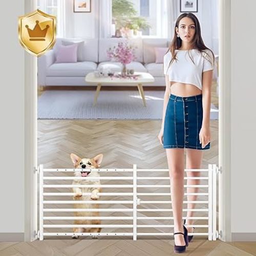 Malier Dog Gate with Door, 34-55" Extra Wide Full Metal Pet Gate Short Dog Gate for Stairs, Pressure Mount 20'' Tall Puppy Gate, Easy Step Over Low Gate for Doorways