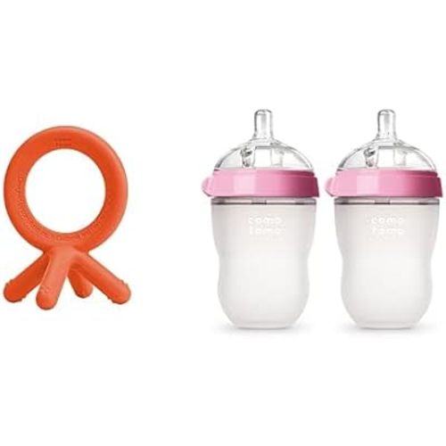 Comotomo Baby Bottle, Pink, 8 Ounce (4 Count), Comotomo Silicone Baby Teether, Orange