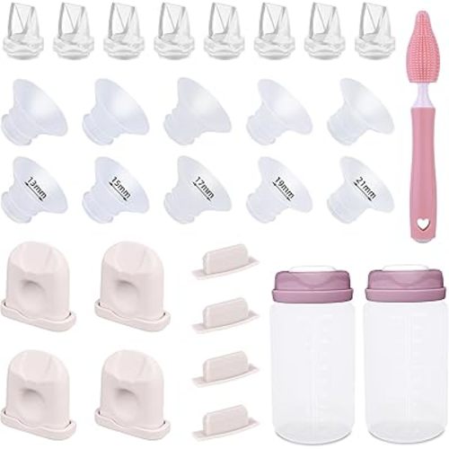 Breast Pump Replacement Parts Kit Compatible with Eufy Electric Wearable Breast Pumps E10 / E20 / S1 / S1 Pro, Includes Valves, Silicone Diaphragms, Flanges, Cleaning Brush & Milk Storage Bottles
