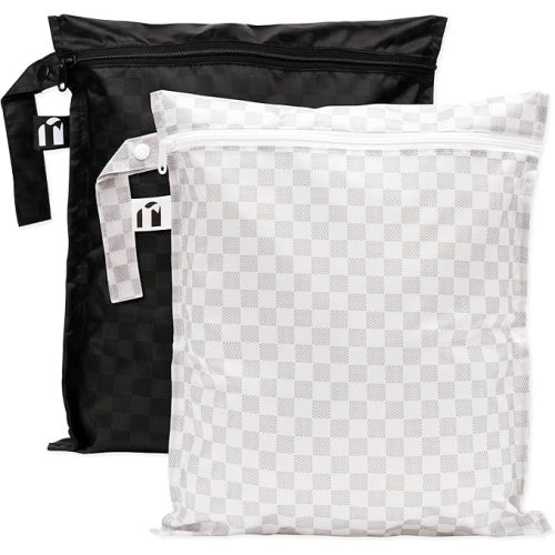 Bumkins Roamio - Waterproof Wet Bag - For Baby, Travel, Swim Suit, Cloth Diapers, Pump Parts, Pool, Gym, Toiletry, Strap to Stroller - Reusable & Easy to Clean - 2pk - Black Check & Off White