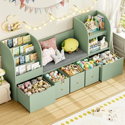 FOTOSOK 71” Kids Bookshelf with Reading Nook, Toy Storage Organizer with Seat Cushion and 2 Movable Drawers & 3 Fabric Toy Chests, Kids Reading Nook Toy Organizers and Storage with Bench for Playroom