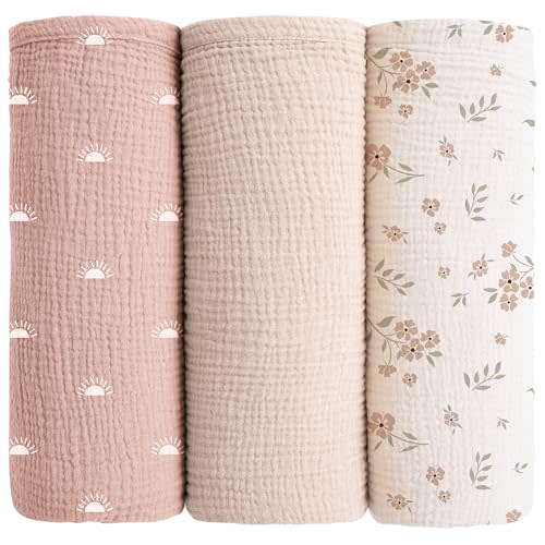 Konssy Muslin Swaddle Blankets for Baby Girls Boys, 3 Pack Receiving Blanket Large 47 x 47 inches, Soft Breathable Muslin Baby Blanket for Unisex Newborn (Peach Blossom Sun)