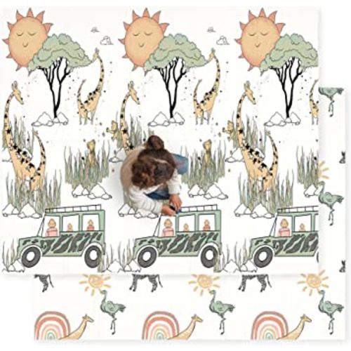 JumpOff Jo Baby Play Mat - Large Folding Foam Play Mat for Infants, Babies, Toddlers, Waterproof, Double-Sided (70" x 59") - Safari