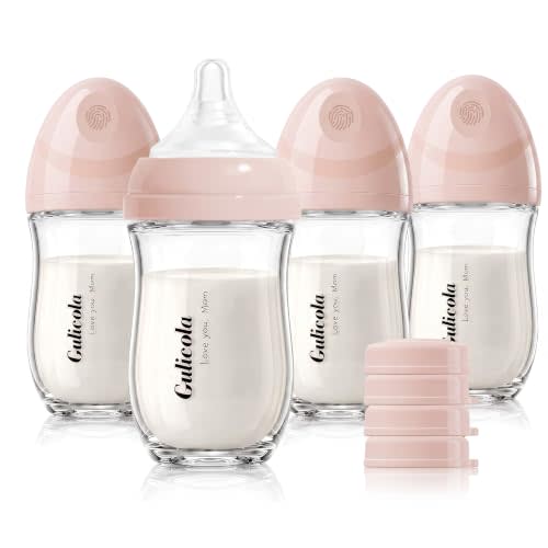 Gulicola Natural Glass Baby Bottle 4 Pack, Newborn Breastfeeding Bottles Set, Extra Slow Flow Nipples (SS), Anti Colic, 0 Months+, 5 oz - Pink