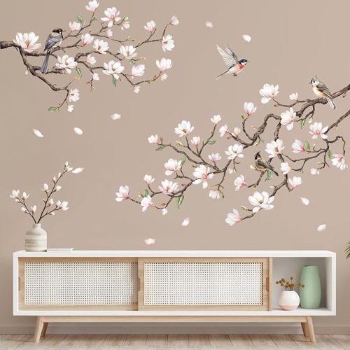 Tanlaby White Magnolia Tree Wall Decals, Trees Flowers Wall Stickers Peel and Stick White Branches Corner Wall Art Decor for Living Room Bedroom Sofa