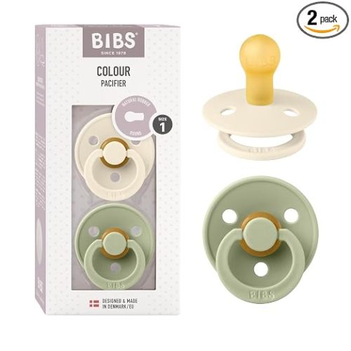 BIBS Pacifiers Colour Collection | Natural Rubber Baby Pacifier | Round Nipple | Set of 2 BPA-Free Soothers | Made in Denmark | 0+ Months (Pack of 2) | Sage/Ivory
