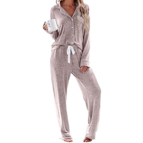 UVN Womens Pajama Sets Long Sleeve Top and Long Pants Soft Pjs Sleepwear Ladies Button Down Lounge Set