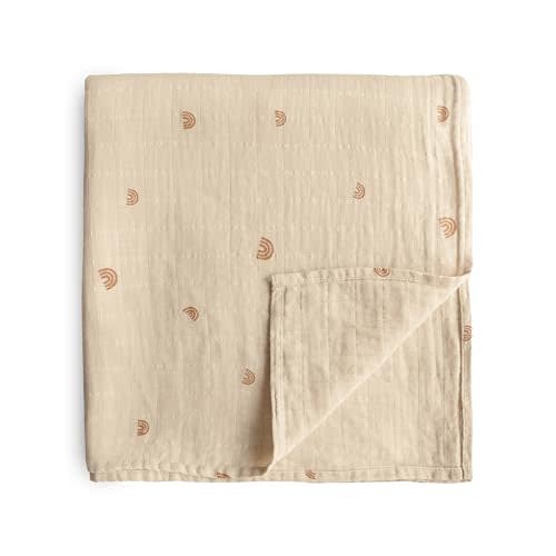 mushie Muslin Baby Swaddle Blanket | 100% Organic Cotton (Rainbows)