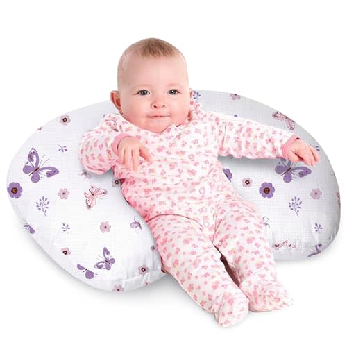 Little Grape Land Nursing Pillow, Soft 100% Cotton Breastfeeding Pillow with Breathable Muslin Removable Cover, Purple Butterfly Breast Feeding Pillows for Babies 0-12 Months with Protective Zipper