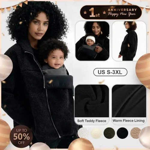 Pwest MAMA Women Before & After Babywearing Fleece Jacket Soft Teddy Fleece, Long-sleeve Zippered Jacket with Pocket, Detachable Babywearing Panel, Winter Warmth, 2 in 1 Design-Black-BlackFriday - TikTok Shop