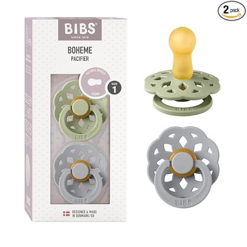 BIBS Pacifiers - Boheme Collection | BPA-Free Baby Pacifier | Made in Denmark | Set of 2 Sage/Cloud Color Premium Soothers | Size 0-6 Months