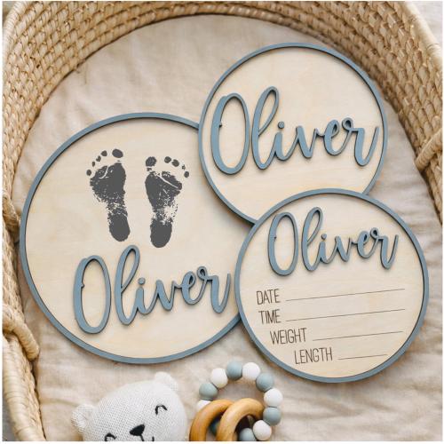 Personalized Baby Announcement Set | Name Sign + Birth Stats + Footprint Sign | Newborn Photo Prop Gift