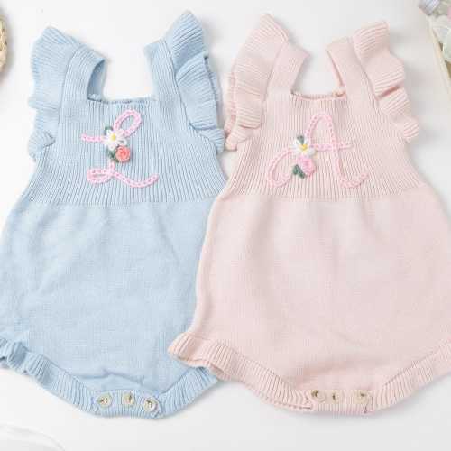 Personalized Baby Romper: Hand Embroidered Initial Knit Jumpsuit