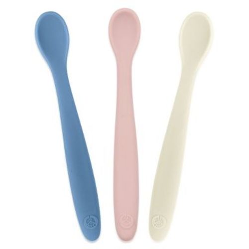 WeeSprout Silicone Baby Spoons, First Stage Infant Feeding Utensils With Soft-Tip - Set of 3 (Matte Blue, Pink, Off White)