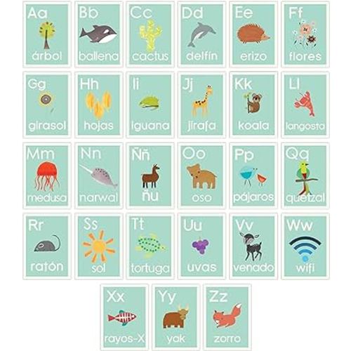 Spanish Alphabet 5x7 Wall Cards, Blue Nature, Kid's Wall Art, Nursery Decor, Kid's Room Decor, Gender Neutral Nursery Decor