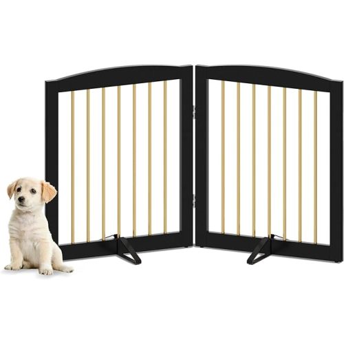 Freestanding Pet Gate for Dogs, Foldable Wooden Dog Gate for House, Stairs, Doorways, Step Over Pet Puppy Safety Fence,Support Feet Included,24" Height 2 Panels, Black&Gold